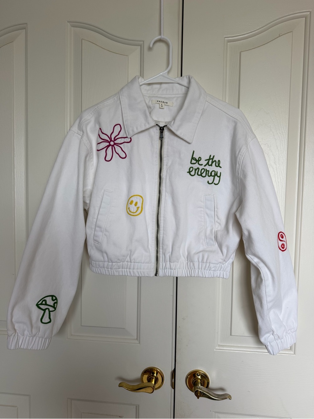 PacSun White Embroidered Zip Jacket with Multicolor Accents